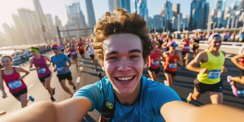 Canvas Print - Young happy marathon runner is taking selfie during a marathon run