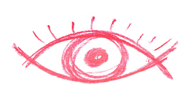 Red eye symbol, hand draw, chalk sketching isolated on white