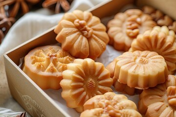 Wall Mural - Closeup of box with tasty cookies shaped like nuts filled with boiled condensed milk