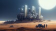 quantum power engine being worked on by a group of futuristic astronauts on a barren planet surface with complex machinery