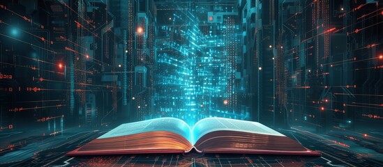 Wall Mural - Futuristic open book for education with digital futuristic elements graphic.Generated AI