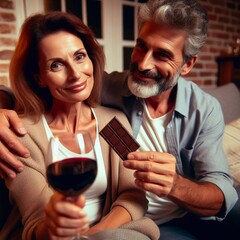 Wall Mural - couple drinking wine with chocolate 