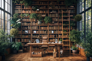 Poster - A home office with a library ladder and floor-to-ceiling bookshelves, creating a scholarly and resourceful ambiance. Concept of intellectual and grand home workspaces. Generative Ai.