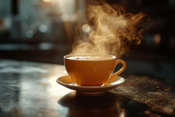 Poster - A cinemagraph of a steaming cup of coffee, with the steam moving while the rest of the image is still. Concept of subtle motion in everyday moments. Generative Ai.