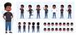 © CuteDesigns - Cartoon Black Boy Character Constructor with Gestures, Emotions and Actions. Child Side, Front, Rear View. Movable Parts for Animation and Lip-Sync Vector Illustration.