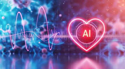 Poster - artificial intelligence concept with heartbeat line and ai icon on blurred background