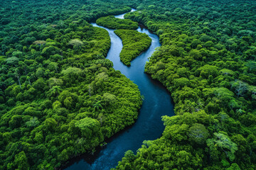 Sticker - Overhead view of a meandering river in a tropical forest, illustrating nature's intricate pathways. Concept of natural watercourses and jungle landscapes. Generative Ai.