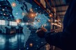 © Haseeb - Smart technology logistics concept, Businessman touching virtual screen world map of Global logistics network distribution, Air cargo trucking, Rail transportation , Online goods orders worldwide