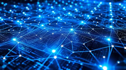 Poster - Interconnected points illustrating iot and machine learning on blurred background with copy space