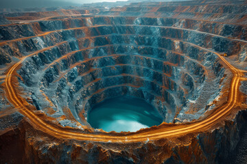 Poster - aerial view of an open-pit mine, showcasing the scale of human extraction and its impact. concept of
