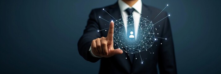 Poster - Global e commerce network  businessman touching shining icon on holographic network
