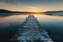 Symmetrical View Of Jetty On Frozen Lake, Hills In Background At Sunrise