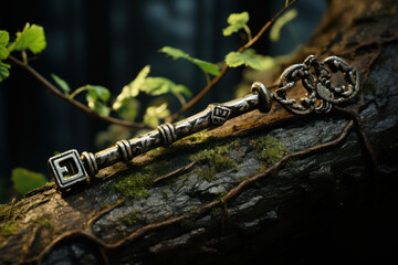 Poster - a key turning into a tree branch, depicting organic growth in trust. generative ai.