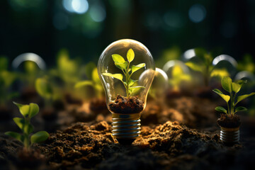Poster - light bulbs sprouting from a tree instead of leaves, symbolizing ideas growing naturally. concept of