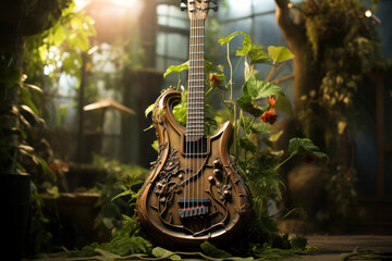 Poster - a musical instrument with plant vines growing around it, showing harmony between nature and music. c