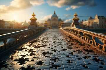 Aufkleber - A bridge made of puzzle pieces, denoting the connection of different ideas and solutions. Concept of connecting concepts. Generative Ai.