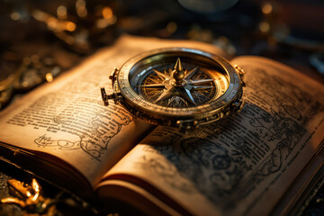Poster - A compass needle pointing towards an open book, indicating the direction of knowledge and discovery. Concept of guided learning. Generative Ai.