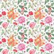Floral pattern with the autumn and winter flowers and holly berries. Watercolor hand drawn roses, chrysanthemums, gladioluses, carnations and holly. Seamless design for fabric, wallpaper, home textile