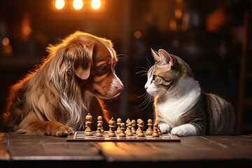 Wall Mural - A dog and cat playing chess, offering a humorous take on animal intelligence. Concept of intelligent animal humor. Generative Ai.