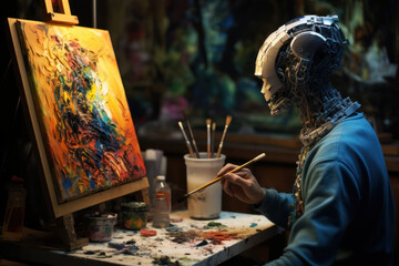 Poster - a robot attempting to paint a picture but only drawing circuits, illustrating a robotic perspective 