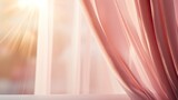 Fototapeta Uliczki - Dreamy image of a pastel-pink curtain on a sunlit window, interior abstract background.