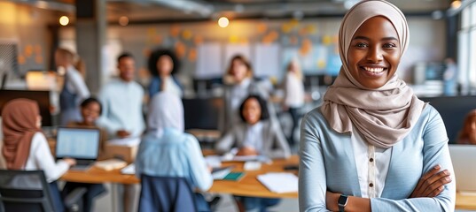 Poster - Smiling hijab wearing professional woman in sleek office setting with copy space