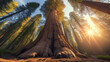 Images of redwood forests, with giant, ancient trees