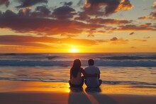 Romantic Couple Watching Sunset On The Beach