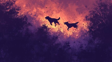 Canvas Print - Two dogs are flying through the air in front of a sunset, AI