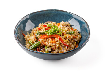 Hibachi rice with vegetables on a white background studio shooting 2