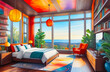 Cozy bedroom with hardwood floor in modern apartment for mockup, game room background. Beautiful colorful view from the window