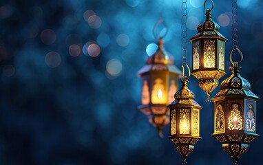 Sticker - Ramadan Kareem background with arabic lanterns and mosque, arabic lantern of ramadan celebration background illustration, AI_Generated