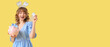 © Pixel-Shot - Tooth fairy with paper teeth and piggy bank on yellow background with space for text