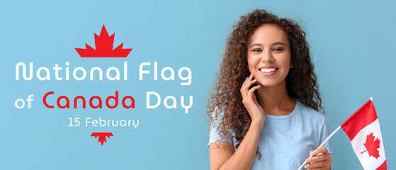 Poster - Beautiful young African-American woman with Canadian flag on color background