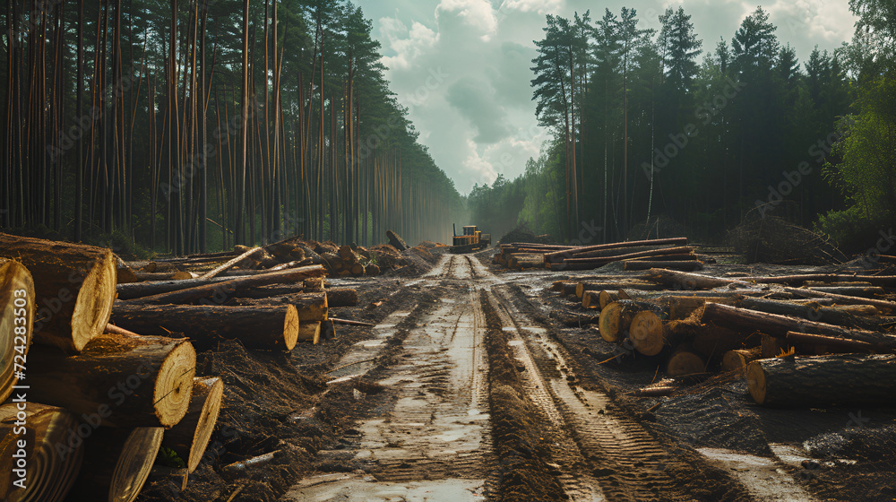 Logging site in action, a stark view of wood extraction's impact. The ...