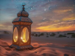 Wall Mural - lantern in the middle of the desert with a timelapse of the evening sky towards night. Can be used as a Ramadan background