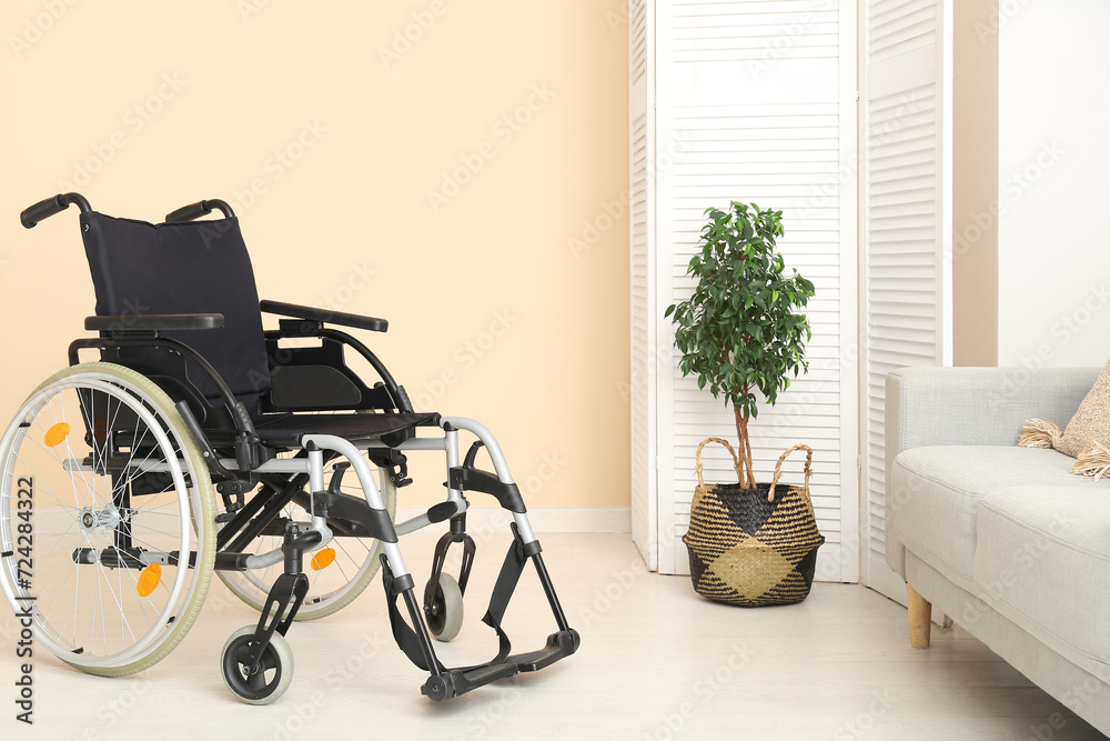 Empty wheelchair with folding screen, plant and sofa in living room