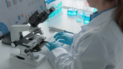 Poster - A modern medical laboratory becomes a forge of innovative ideas under the guidance of a research scientist. Her research, carried out under a microscope and analyzed with the help of a computer