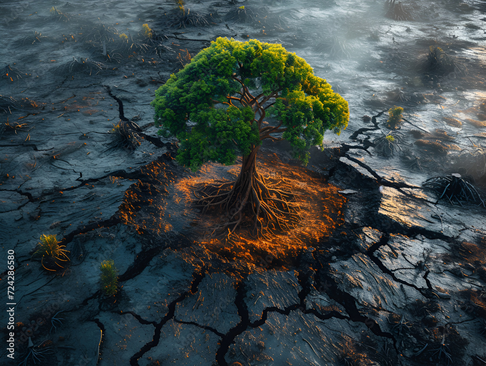Destressed Tree Lone thriving tree amidst cracked earth, resilience against ...