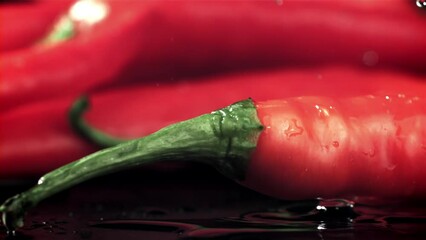 Wall Mural - Chili peppers fall on a wet black table. Filmed on a high-speed camera at 1000 fps. High quality FullHD footage