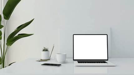 Desk background with blank computer screen. Workspace with mockup blank screen laptop computer. wallpaper luxury and minimal workspace with blank computer screen