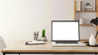 Desk background with blank computer screen. Workspace with mockup blank screen laptop computer. wallpaper luxury and minimal workspace with blank computer screen