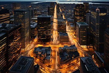 Wall Mural - Energetic aerial city intersection with vibrant lights and traffic in urban landscape