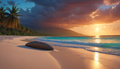 Wall Mural - Tranquility at dusk: a breathtaking view of the sunset over the ocean on a tropical beach with a large stone on sand, serene waters, and lush greenery