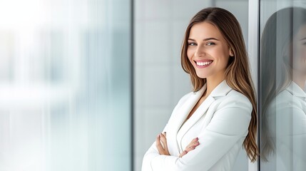 Poster - Happy businesswoman at modern office meeting, blurred glass wall background with copy space