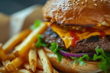 Hamburger With Fries Close Up, Generative AI