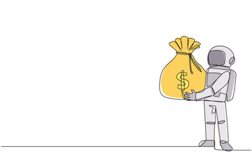 Poster - single one line drawing young energetic astronaut lift up big money bag. security deposit received f