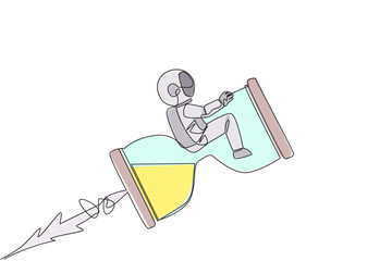Poster - Single continuous line drawing young energetic astronaut rides on the rocket-like hourglass. When the countdown is over, the flight into space begins. Cosmonaut. One line design vector illustration