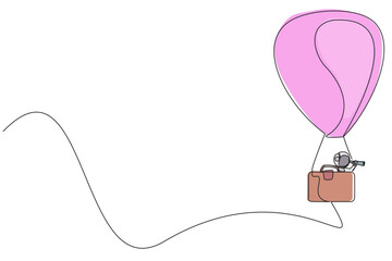 Poster - Single one line drawing young energetic astronaut using monocular, flying with hot air balloon with a passenger box has shape briefcase. Cosmic deep space. Continuous line design graphic illustration