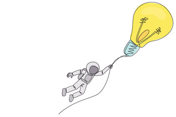 Poster - Single continuous line drawing astronaut holding on to a flying lightbulb. Expeditions that depend on the best ideas and innovations. Cosmic galaxy deep space. One line design vector illustration